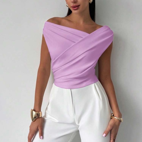 Elegant Purple Off-Shoulder Asymmetrical Neck Blouse